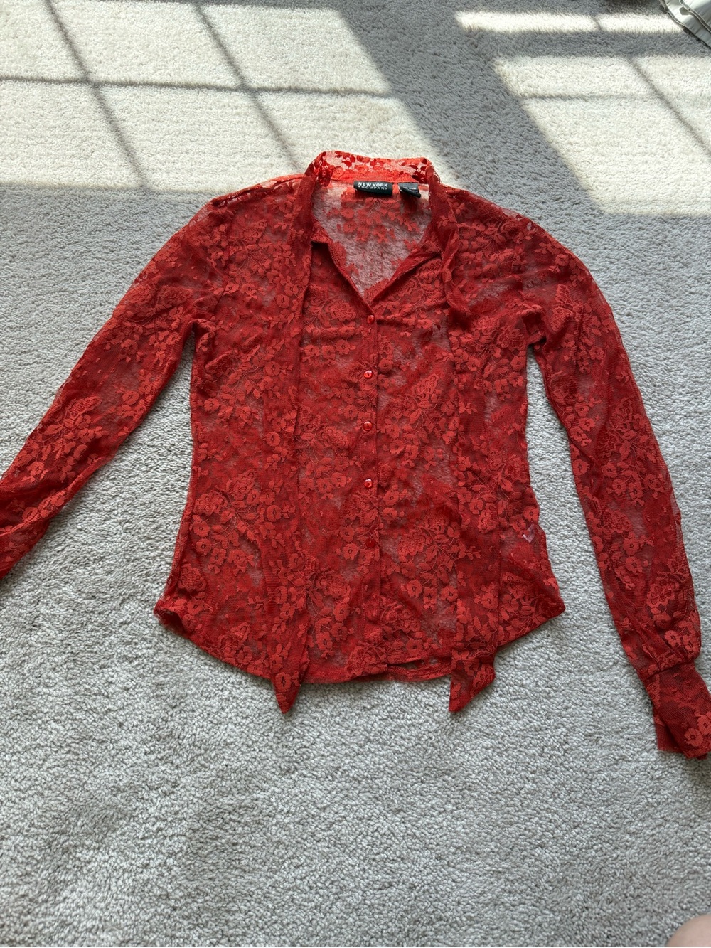 New York & company burnt orange button up lace top with neck tie